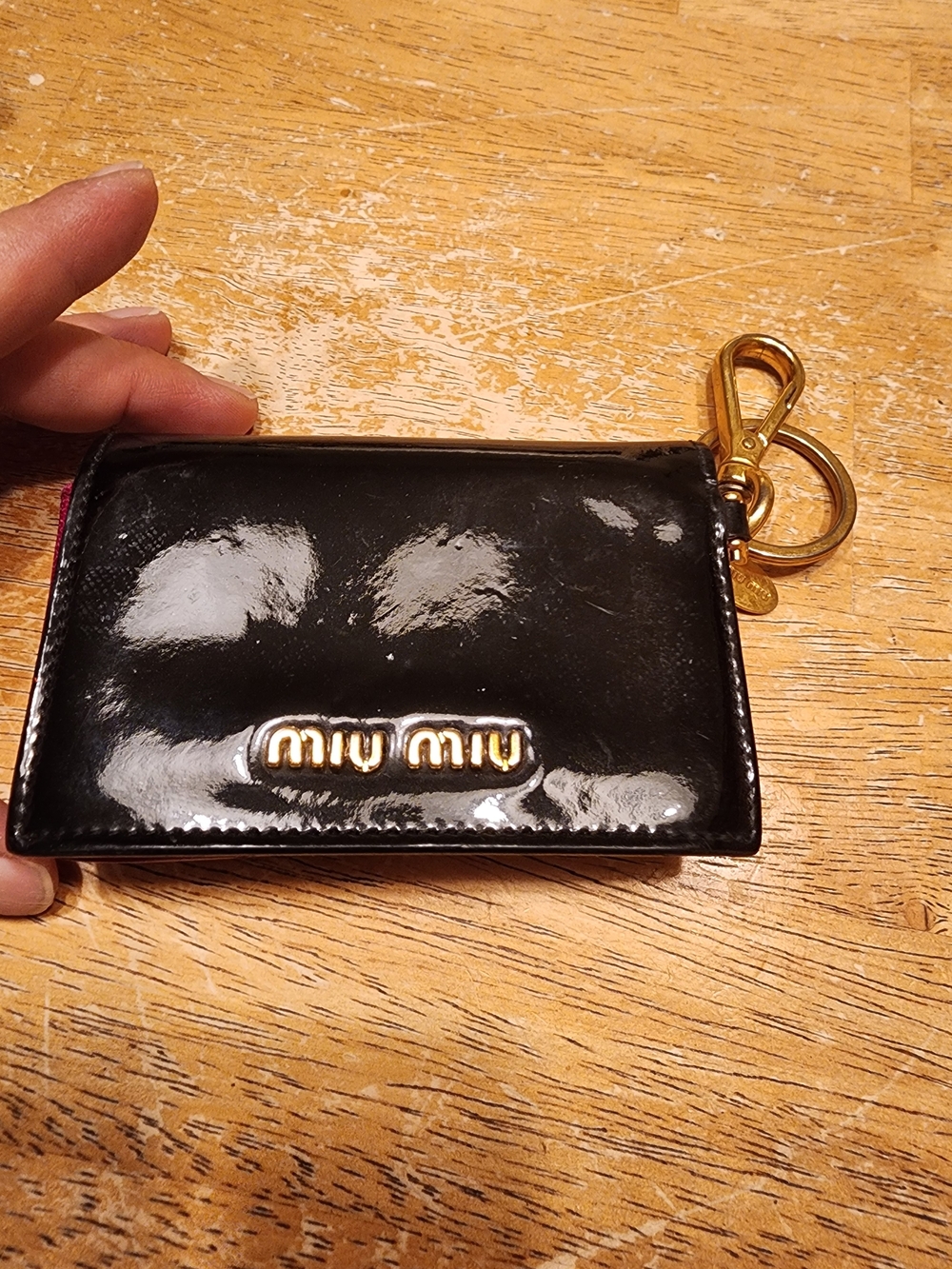 Miu Miu Black Patent Leather Key & Card Holder with Gold Hardware